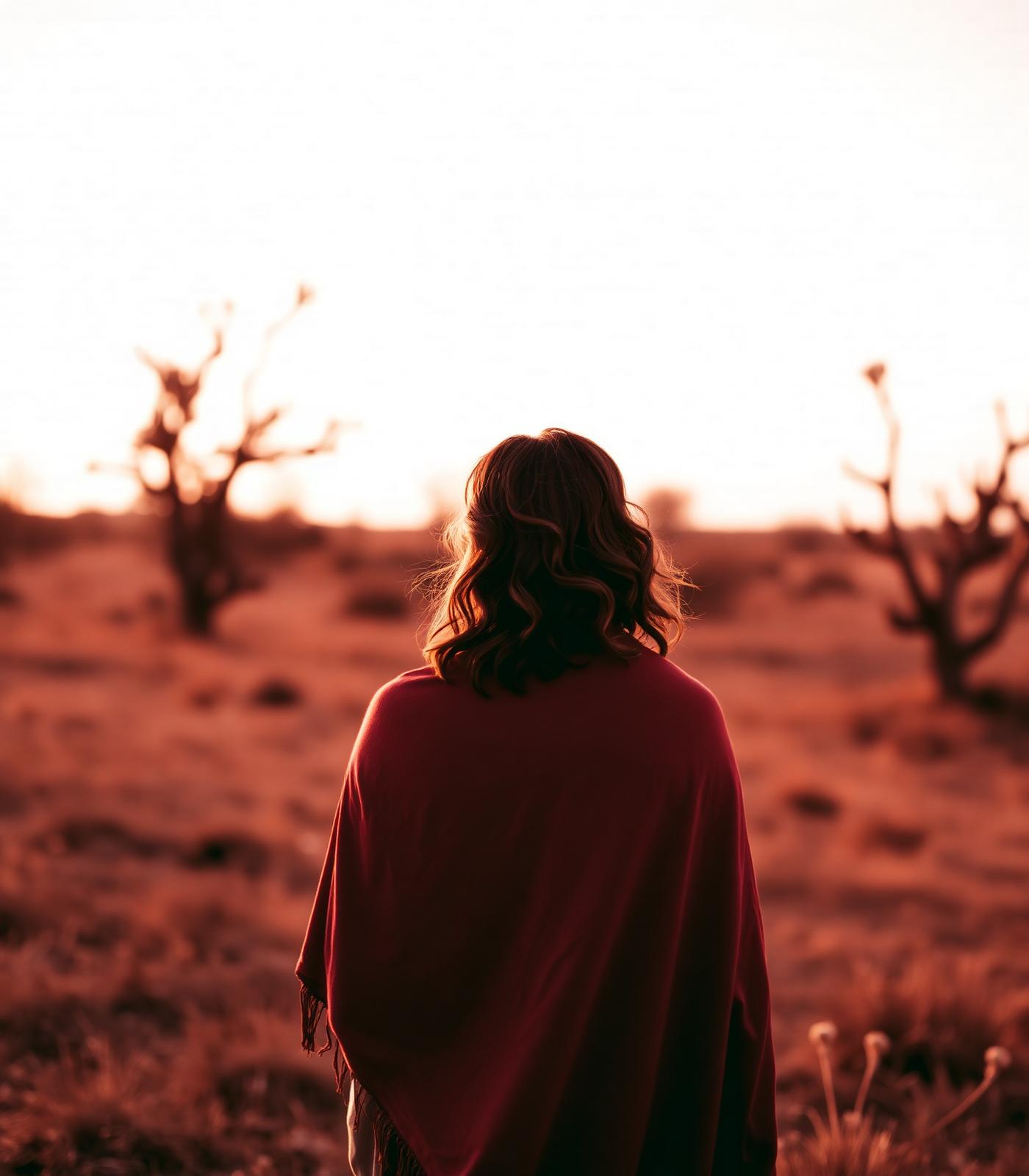 A woman wrapped in a linen shawl walking at dusk under South Texas light