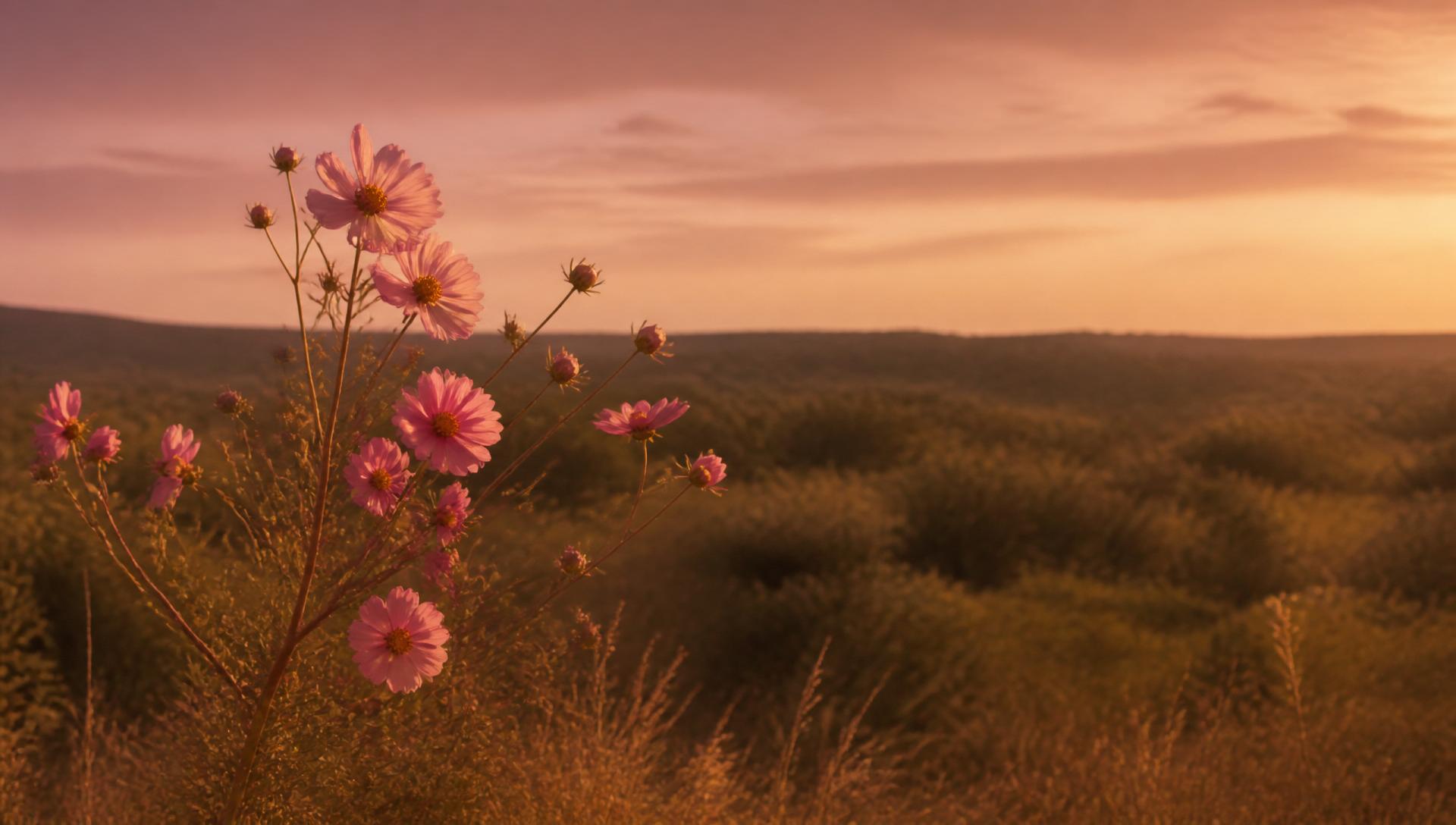 Flores silvestres rosadas en un campo abierto del sur de Texas al atardecer