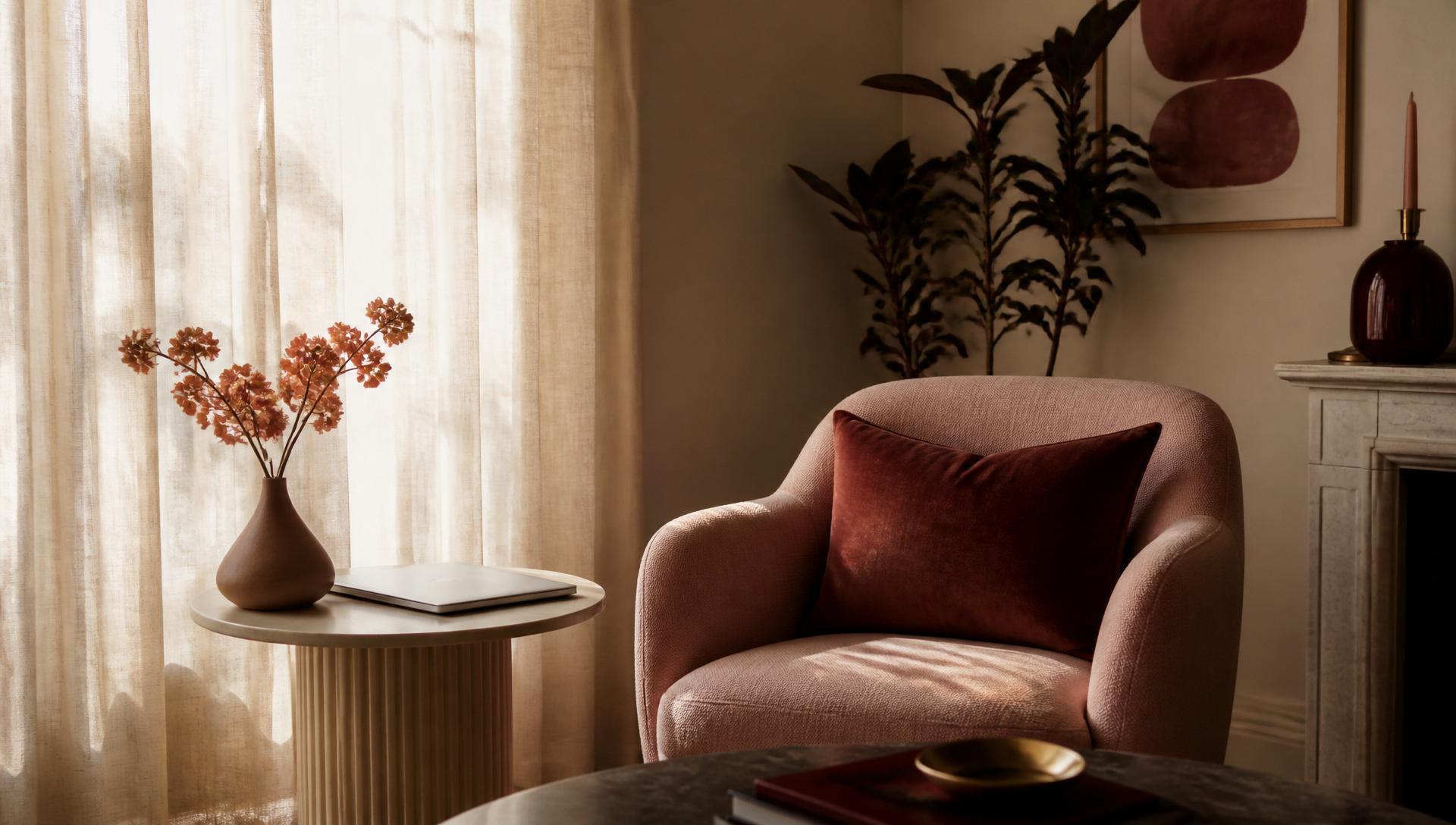 A therapy armchair and side table in a calm, plant-filled room